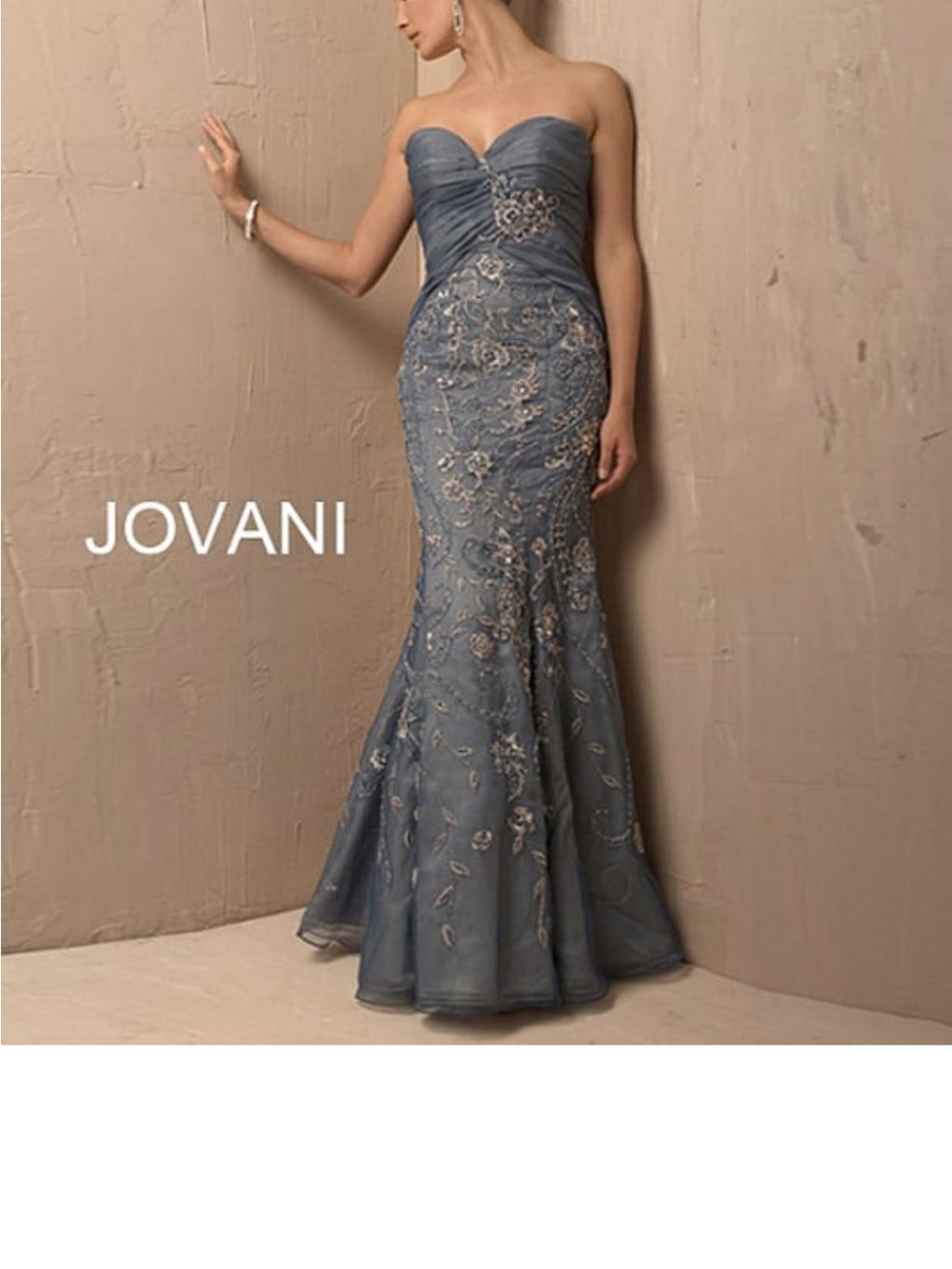 649. Jovani Steel Blue Strapless Beaded Floral Evening Gown